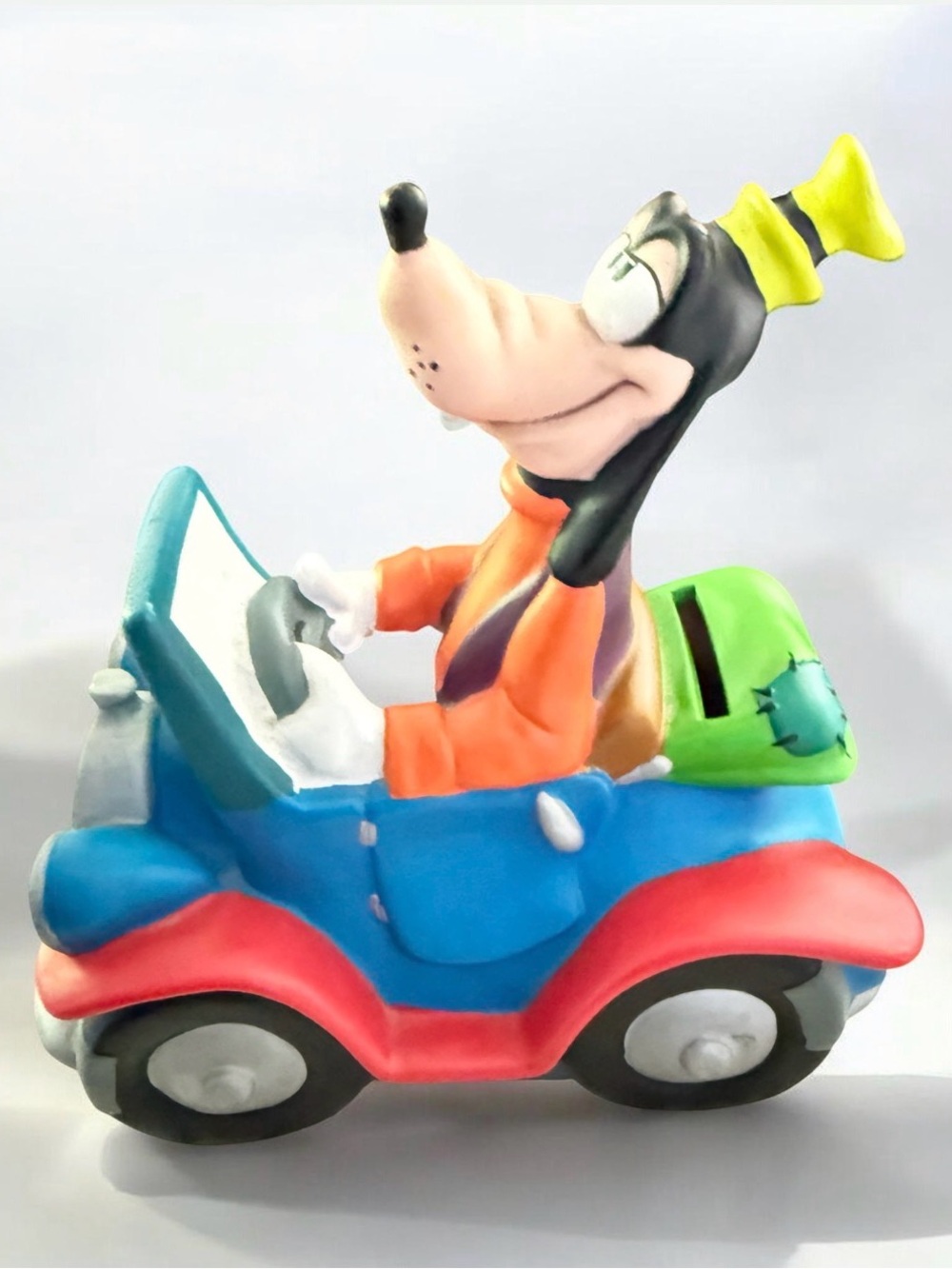 Vintage Goofy Driving Blue Jalopy Car Coin Bank w/ Stopper Disney 7” 